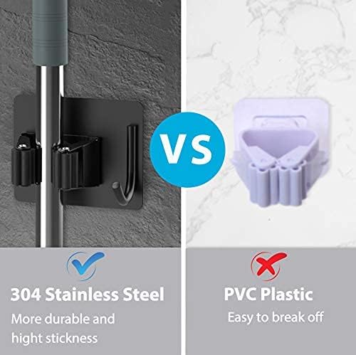Mop Broom Holder, 4 Pcs Stainless Steel Self Adhesive Mop Holder Wall Mounted with Hooks Hanger Self-Adhesive Broom Holder for Bathroom, Kitchen, Office, Closet, Garden Garage Organiser Plastic Brush Outdoors