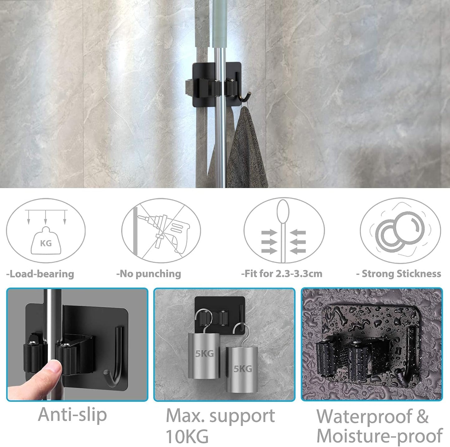 Mop Broom Holder, 4 Pcs Stainless Steel Self Adhesive Mop Holder Wall Mounted with Hooks Hanger Self-Adhesive Broom Holder for Bathroom, Kitchen, Office, Closet, Garden Garage Organiser Plastic Brush Outdoors