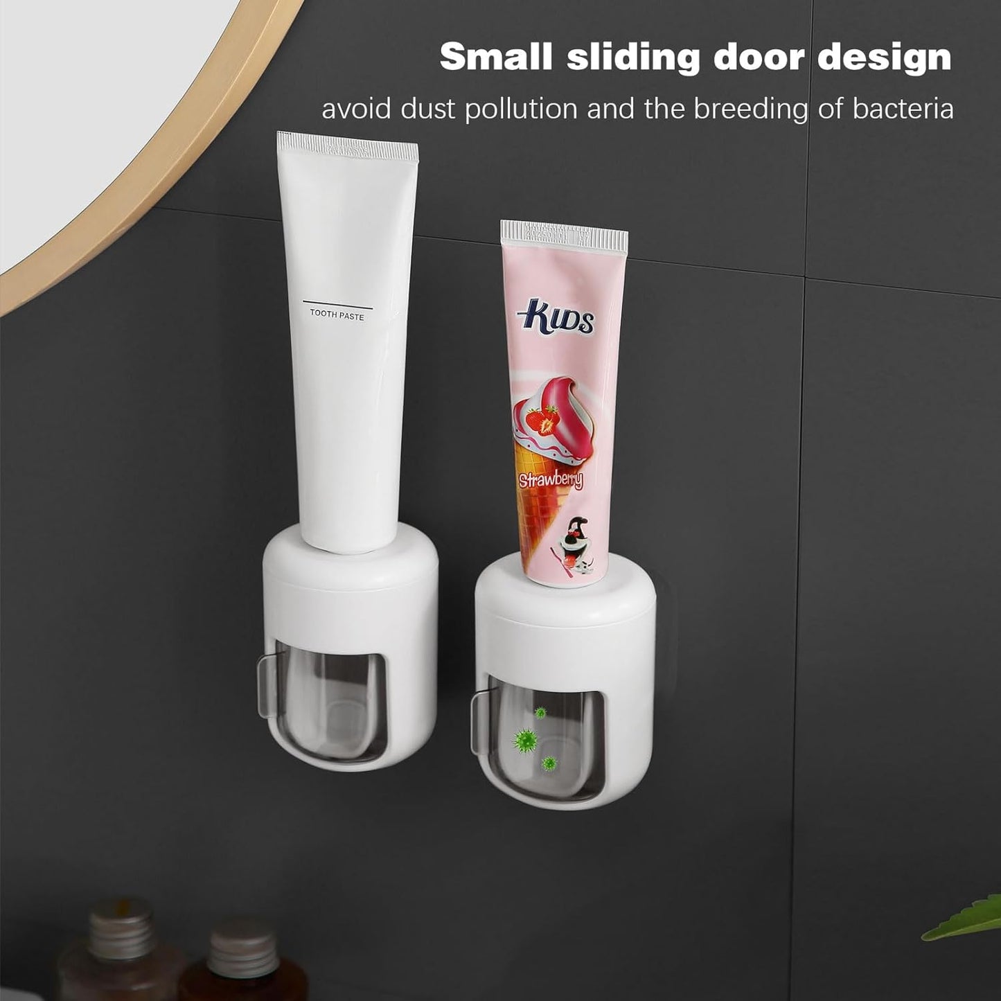 Toothpaste Dispenser Automatic toothpaste holder Kids Toothpaste Dispenser With Cover,dustproof,Waterproof,Wall Mounted toothpaste squeezer for Bathroom,Children,Adults Toothbrush Shelf
