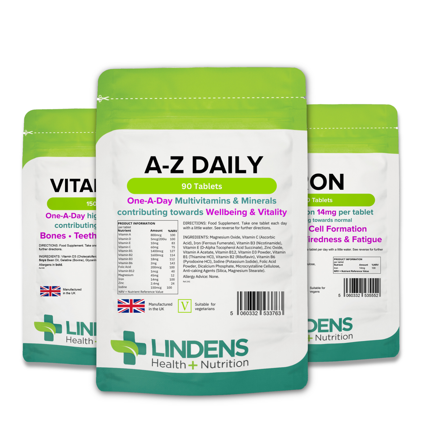Basic Essentials Trio Bundle: Vitamin D3 5000IU, Iron 14mg, Multivitamins A-Z Daily