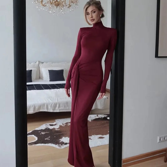 Elegant Women’s Long Sleeve Bodycon Maxi Dress – High Slit Turtleneck Evening Gown for Party, Formal & Winter Fashion