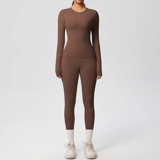 Women’s 2-Piece Workout Set – Long Sleeve Gym Top & High Waist Yoga Leggings Fitness Tracksuit