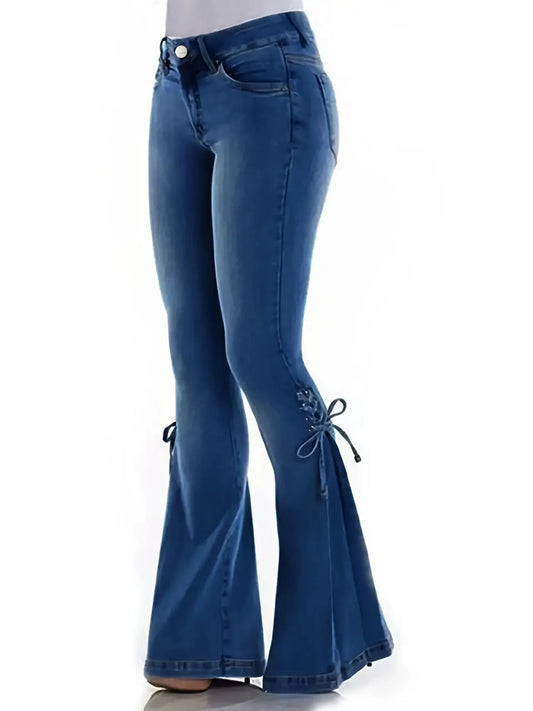 Women’s Blue Denim Flare Pants – High-Waist Bell Bottom Jeans with Skinny Fit, Casual Summer Street Style