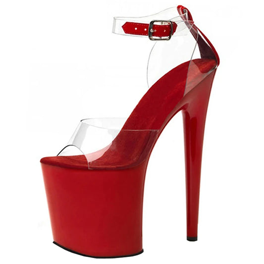 Women’s 8-Inch Transparent Platform High Heels – Red Flower Peep Toe Sandals for Stage Performance, Banquets, and Fashion Events