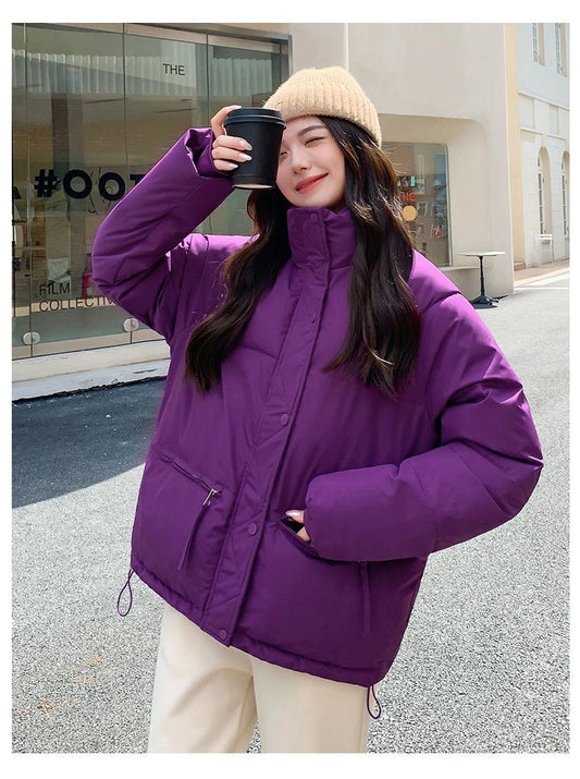 Women’s Short Standing Collar Puffer Jacket – Winter Warm Cotton-Padded Down Coat Fashion Bakery Parka Outerwear