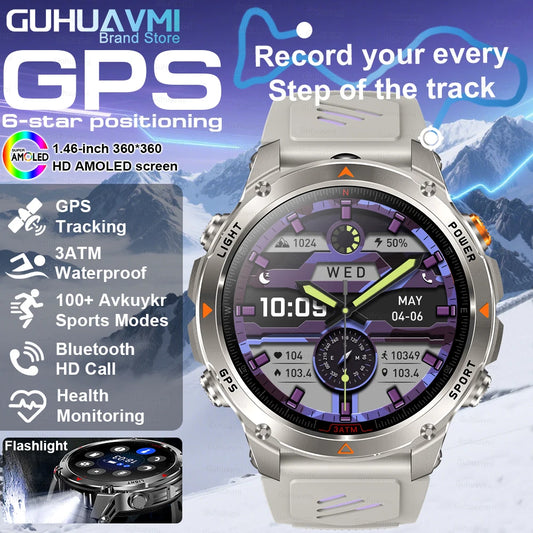 2025 Outdoor Military Smart Watch – Built-in GPS, Compass, Altimeter, Barometer, 3ATM Waterproof Rugged AMOLED Smartwatch with Bluetooth Call