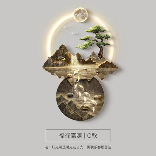 Background Landscape Painting Wall Lamp Chinese Creative Living Room LED Decor Light Corridor Remote Control Lighting Wall Lamps