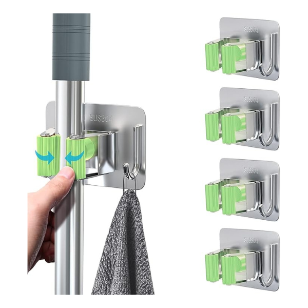 Mop Broom Holder, 4 Pcs Stainless Steel Self Adhesive Mop Holder Wall Mounted with Hooks Hanger Self-Adhesive Broom Holder for Bathroom, Kitchen, Office, Closet, Garden Garage Organiser Plastic Brush Outdoors
