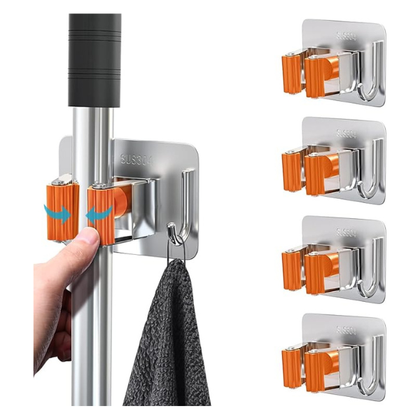 Mop Broom Holder, 4 Pcs Stainless Steel Self Adhesive Mop Holder Wall Mounted with Hooks Hanger Self-Adhesive Broom Holder for Bathroom, Kitchen, Office, Closet, Garden Garage Organiser Plastic Brush Outdoors