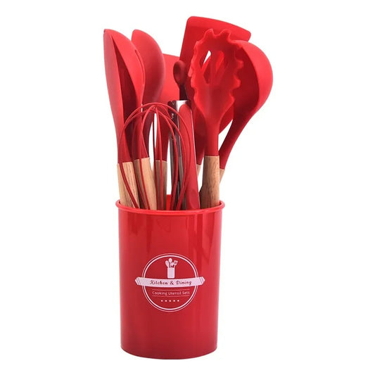 12-Piece Silicone Kitchen Utensil Set – Non-Stick Cooking Tools with Wooden Handles & Storage Bucket