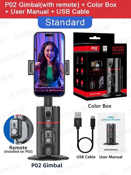 P02 360° Rotating Gimbal Stabilizer – Auto Face Tracking, Selfie & Live Streaming Stand with Remote for TikTok & Smartphones