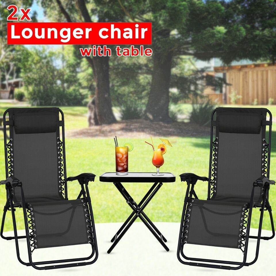 3 Piece Zero Gravity Reclining Garden Patio Deck Chair Sun Lounger & Table Set
