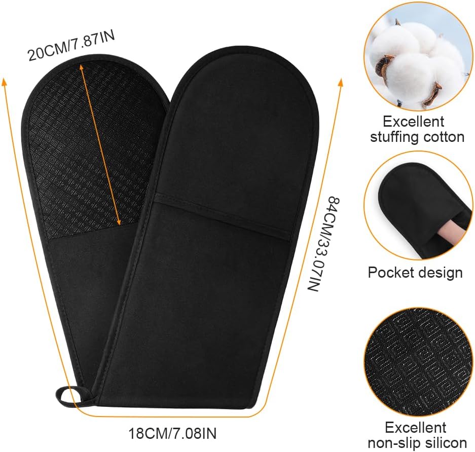 Black Double Oven Gloves - Heat Resistant to 250°C/482°F | Non-Slip Silicone BBQ Oven Mittens with Ropes | Cooking, Baking, Grilling Oven Mitts