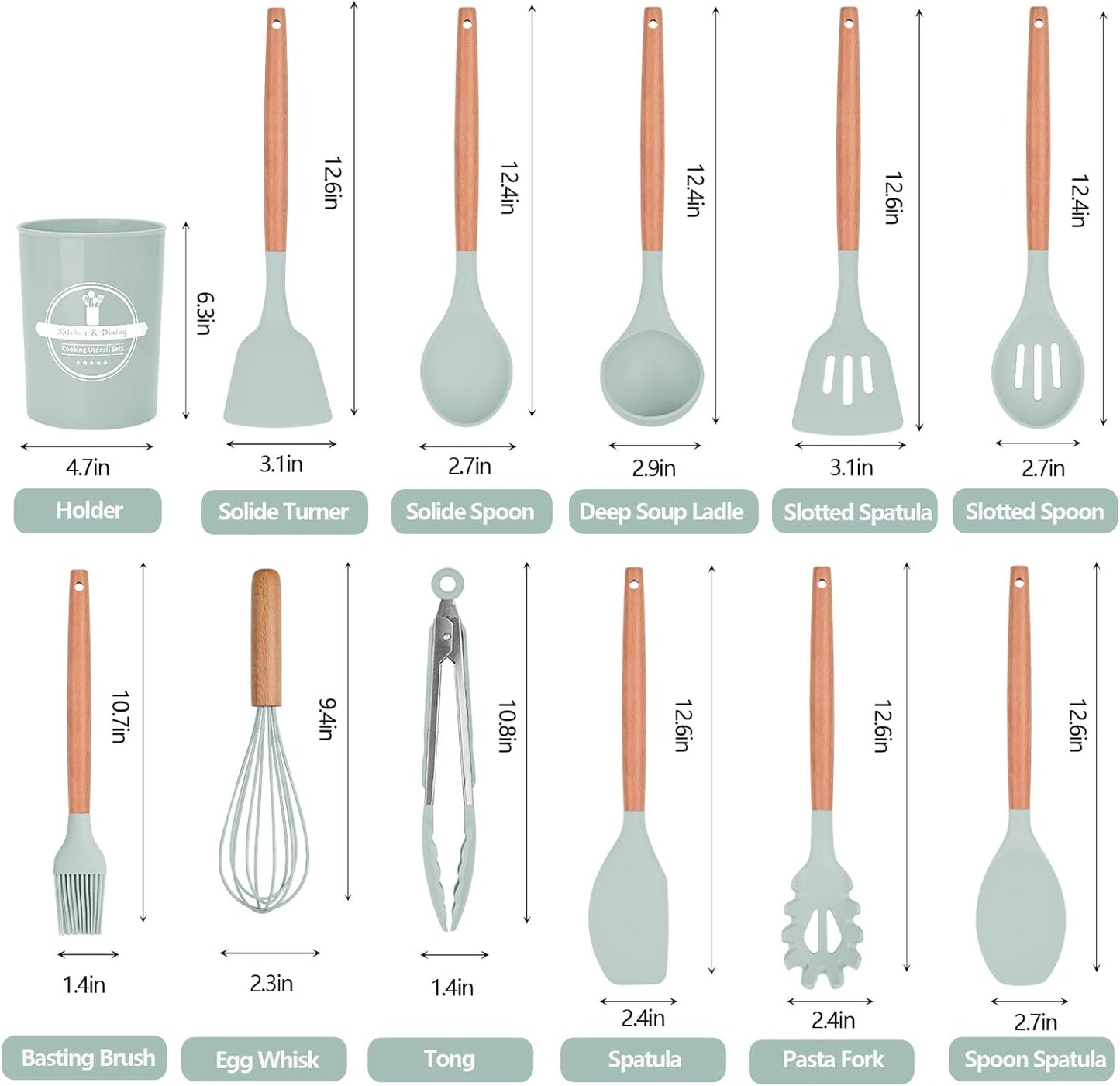 12 PCS Silicone Kitchen Utensil Set with Wooden Handles – Heat Resistant, Nonstick Cooking Tools Including Tongs, Spatula, Spoon, and Holder – Dishwasher Safe