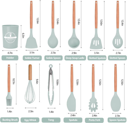 12 PCS Silicone Kitchen Utensil Set with Wooden Handles – Heat Resistant, Nonstick Cooking Tools Including Tongs, Spatula, Spoon, and Holder – Dishwasher Safe