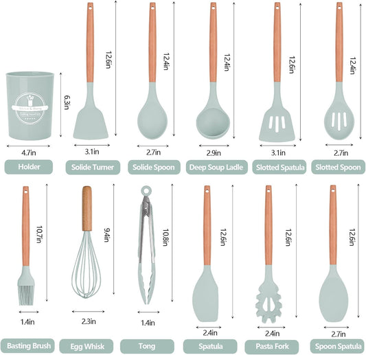 12 PCS Silicone Kitchen Utensil Set with Wooden Handles – Heat Resistant, Nonstick Cooking Tools Including Tongs, Spatula, Spoon, and Holder – Dishwasher Safe