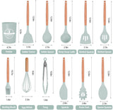 Ensemble d'ustensiles de cuisine en silicone 12 pièces avec poignées en bois – Ustensiles de cuisine résistants à la chaleur et antiadhésifs comprenant des pinces, une spatule, une cuillère et un support – Passe au lave-vaisselle