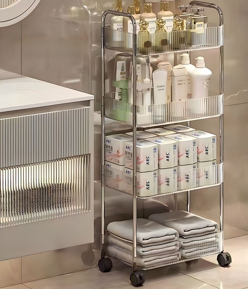2 3 4 Tier Storage Trolley on Wheels Acrylic Shelf Cart Bathroom Rolling Rack