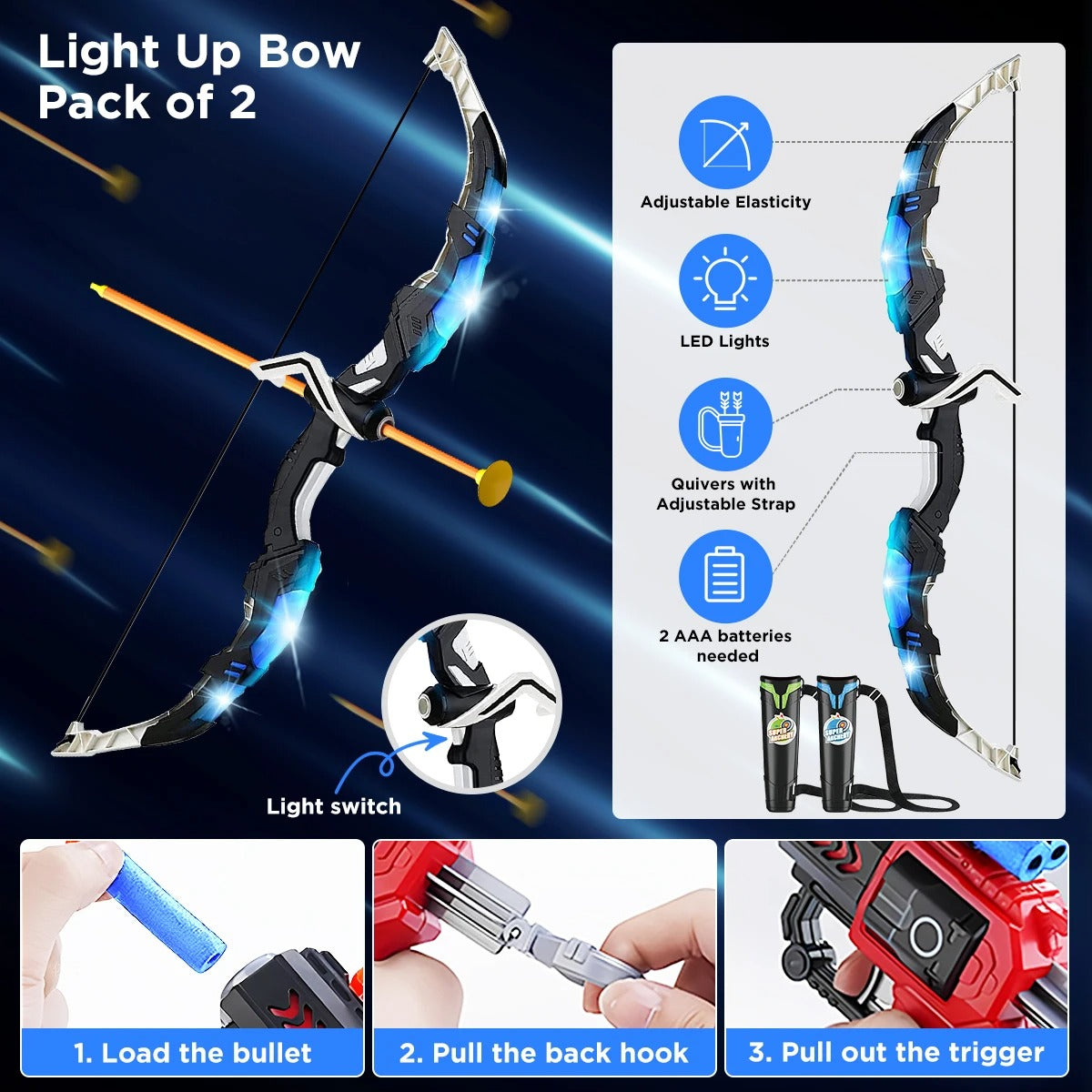 VATOS 2X Bow Arrow + Guns Toy For Kids LED Light Up Archery with Suction Cup Stand Target Dart Board Indoor Outdoor Game Toys