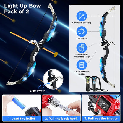 VATOS 2X Bow Arrow + Guns Toy For Kids LED Light Up Archery with Suction Cup Stand Target Dart Board Indoor Outdoor Game Toys