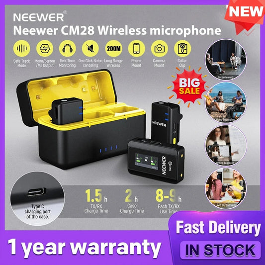 NEEWER CM28 Wireless Lavalier Microphone – Noise-Canceling, 200m Range, Lossless Audio for iPhone & Camera