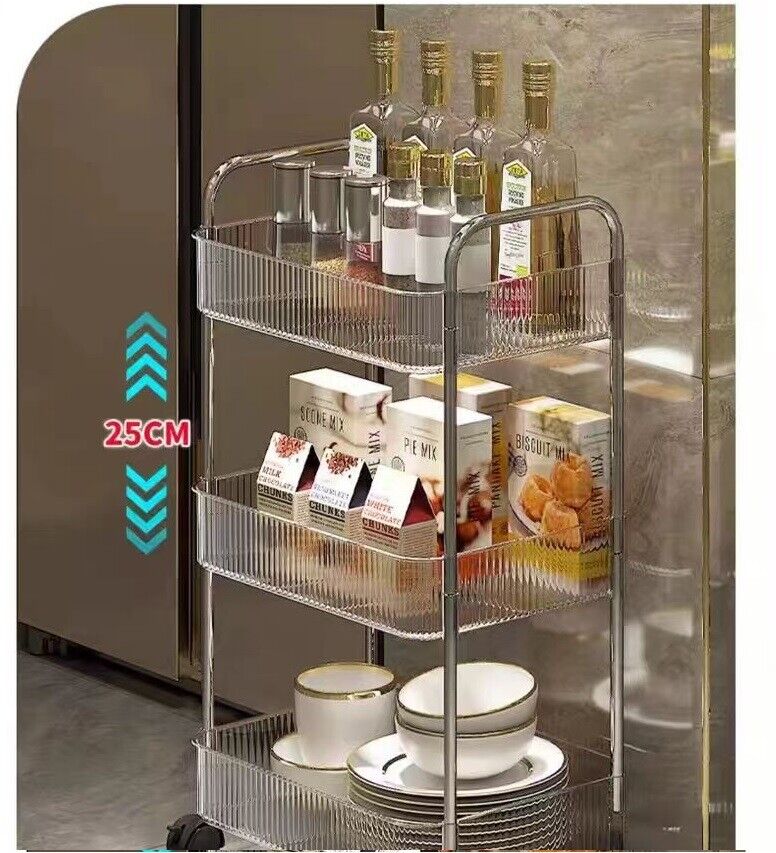 2 3 4 Tier Storage Trolley on Wheels Acrylic Shelf Cart Bathroom Rolling Rack