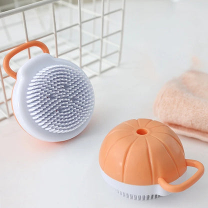Dog Scrubber for Bath – Pumpkin-Shaped Pet Bath Brush with Soap &amp; Shampoo Dispenser, Soft Bristles for Cat &amp; Dog Massage Grooming