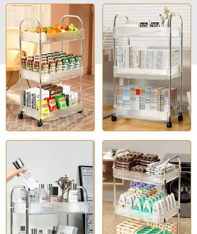 2 3 4 Tier Storage Trolley on Wheels Acrylic Shelf Cart Bathroom Rolling Rack