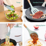 Ensemble d'ustensiles de cuisine en silicone 12 pièces avec poignées en bois – Ustensiles de cuisine résistants à la chaleur et antiadhésifs comprenant des pinces, une spatule, une cuillère et un support – Passe au lave-vaisselle