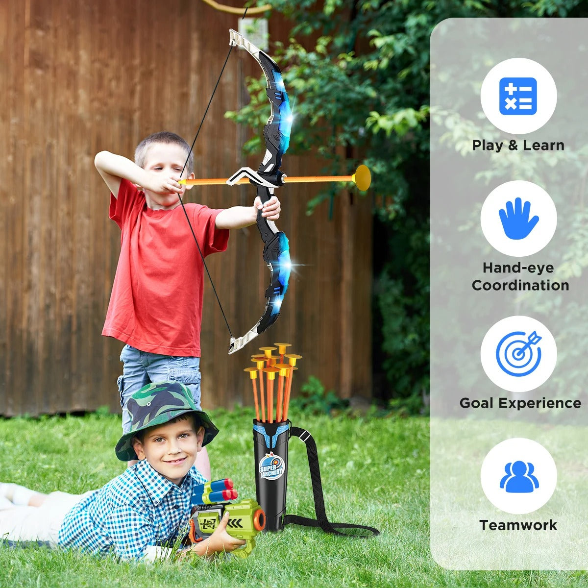 VATOS 2X Bow Arrow + Guns Toy For Kids LED Light Up Archery with Suction Cup Stand Target Dart Board Indoor Outdoor Game Toys