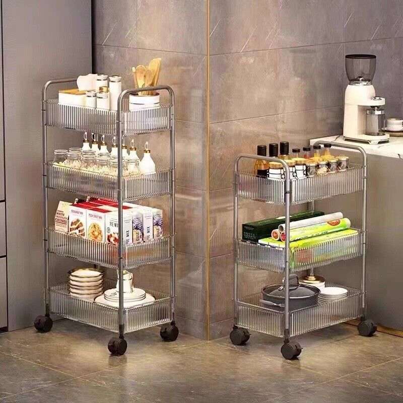 2 3 4 Tier Storage Trolley on Wheels Acrylic Shelf Cart Bathroom Rolling Rack