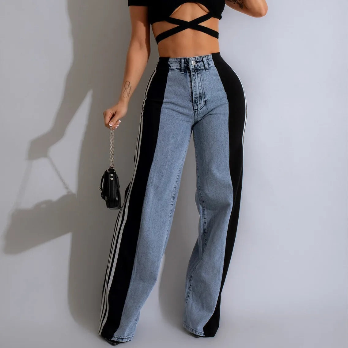 2025 Women’s Plus Size Wide-Leg Jeans – High Stretch Straight Fit Retro Three-Stripe Denim Pants (S–5XL)