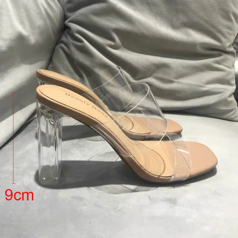 Summer Women’s Clear High Heel Sandals – 9cm Transparent Jelly Slippers with Open Square Toe, Sexy Fashion Pumps