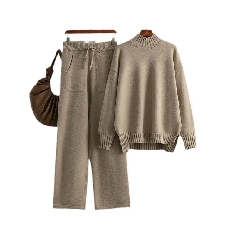 Women’s Winter Casual Knitted Two-Piece Set – Solid Color Sweater Top & Loose-Fit Pants Lounge Outfit