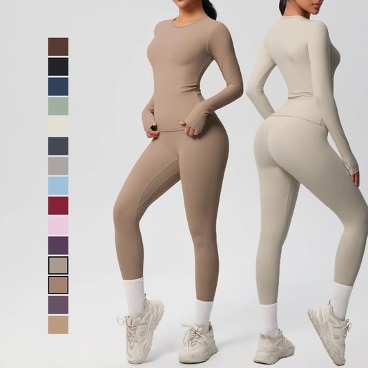 Women’s 2-Piece Workout Set – Long Sleeve Gym Top & High Waist Yoga Leggings Fitness Tracksuit