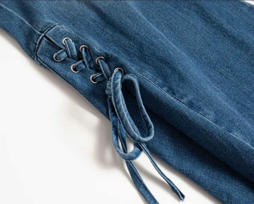 Women’s Blue Denim Flare Pants – High-Waist Bell Bottom Jeans with Skinny Fit, Casual Summer Street Style