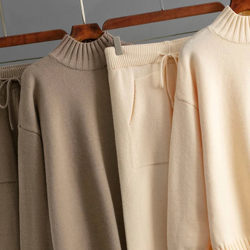 Women’s Winter Casual Knitted Two-Piece Set – Solid Color Sweater Top & Loose-Fit Pants Lounge Outfit