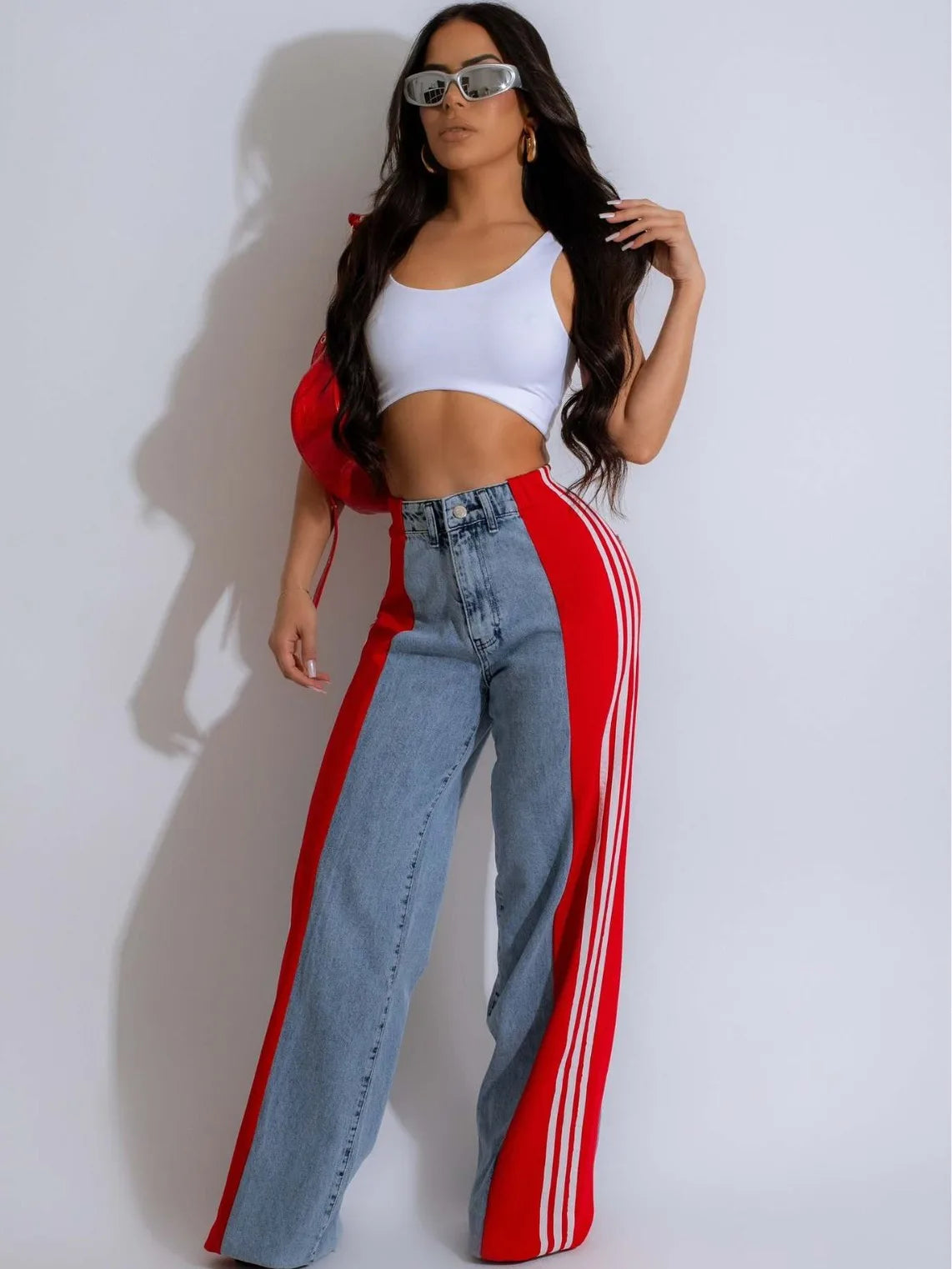 2025 Women’s Plus Size Wide-Leg Jeans – High Stretch Straight Fit Retro Three-Stripe Denim Pants (S–5XL)