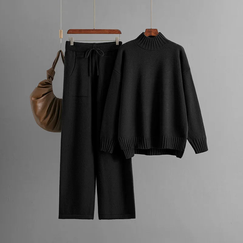 Women’s Winter Casual Knitted Two-Piece Set – Solid Color Sweater Top & Loose-Fit Pants Lounge Outfit