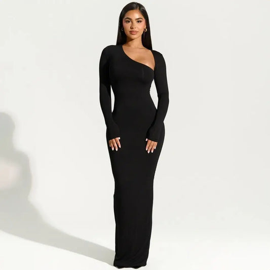 2025 Elegant Black Maxi Dress for Women – Asymmetrical Long Sleeve Split Evening Party Dress for Fall & Winter