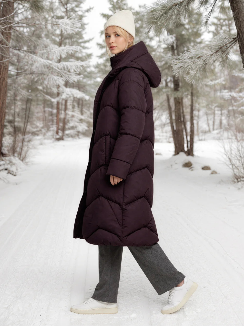 Women’s Sustainable Winter Long Coat – Double Mock Layer Eco-Friendly Warm Jacket with Rain Resistance
