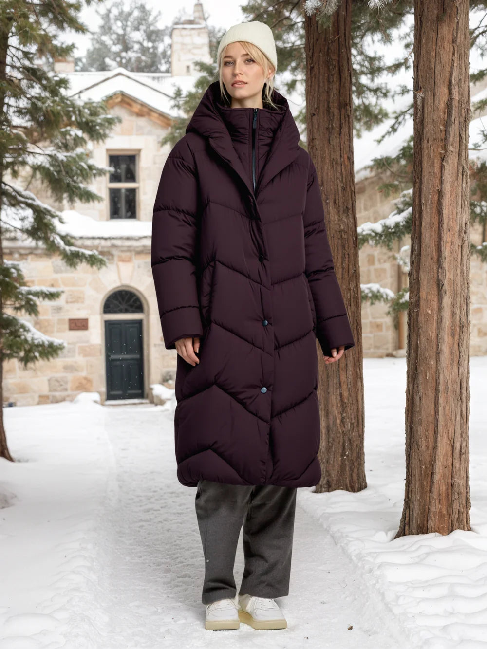 Women’s Sustainable Winter Long Coat – Double Mock Layer Eco-Friendly Warm Jacket with Rain Resistance