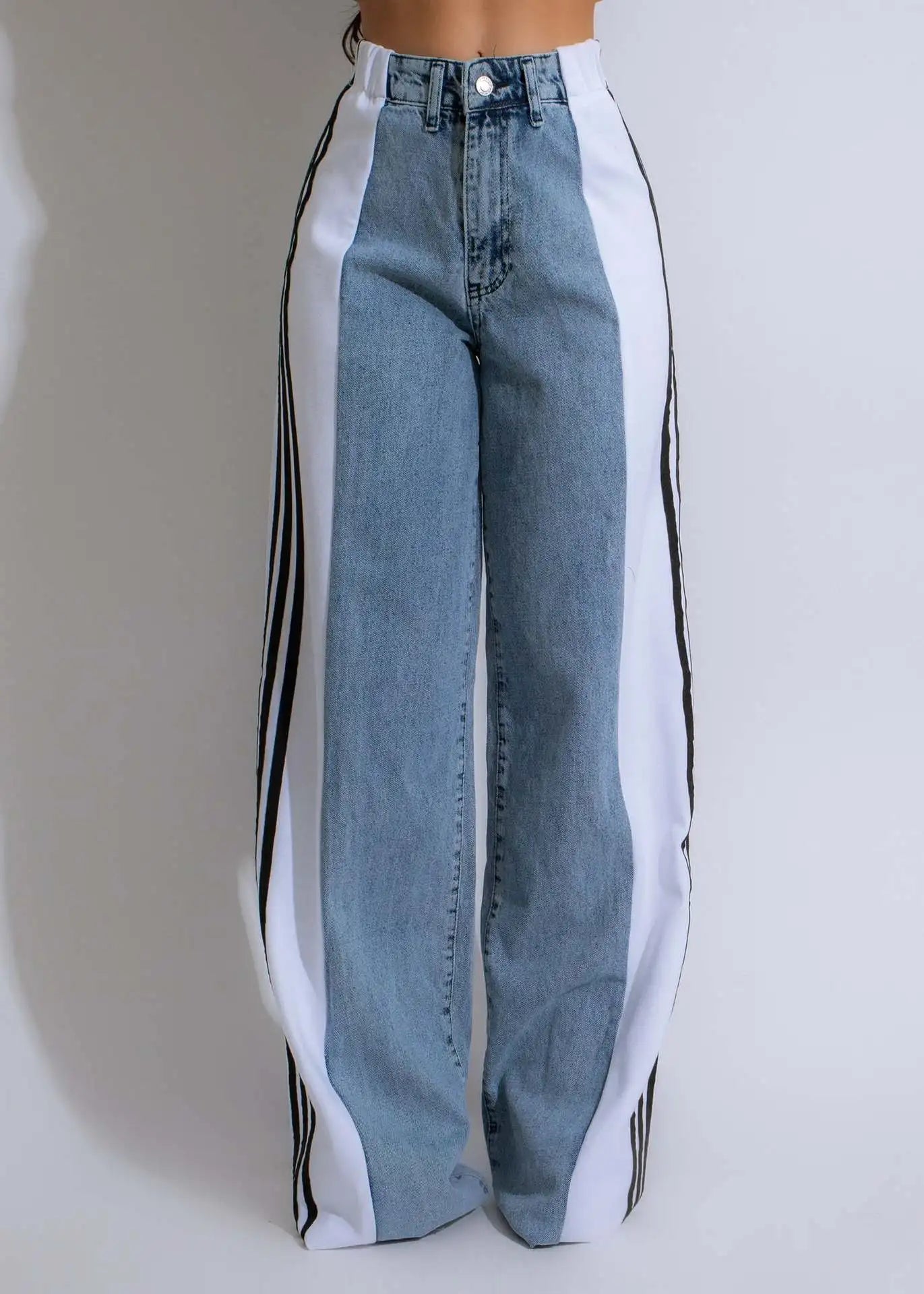2025 Women’s Plus Size Wide-Leg Jeans – High Stretch Straight Fit Retro Three-Stripe Denim Pants (S–5XL)