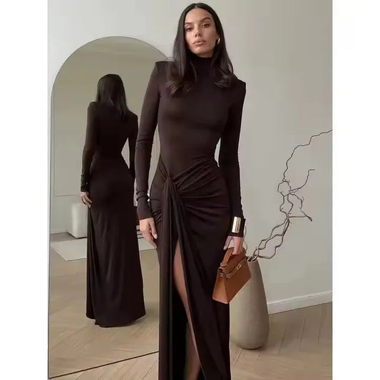 Elegant Women’s Long Sleeve Bodycon Maxi Dress – High Slit Turtleneck Evening Gown for Party, Formal & Winter Fashion