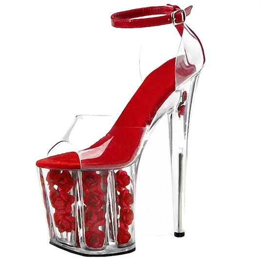 Women’s 8-Inch Transparent Platform High Heels – Red Flower Peep Toe Sandals for Stage Performance, Banquets, and Fashion Events