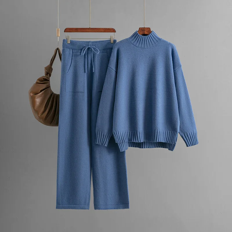 Women’s Winter Casual Knitted Two-Piece Set – Solid Color Sweater Top & Loose-Fit Pants Lounge Outfit