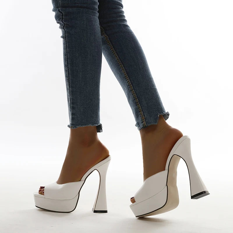 Women’s Square Toe Waterproof Platform High Heels – European & American Style Solid Color Sandals with Clear Glass Heel