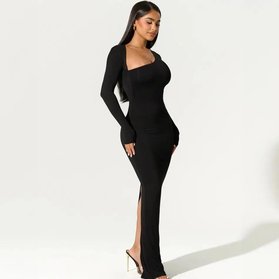 2025 Elegant Black Maxi Dress for Women – Asymmetrical Long Sleeve Split Evening Party Dress for Fall & Winter