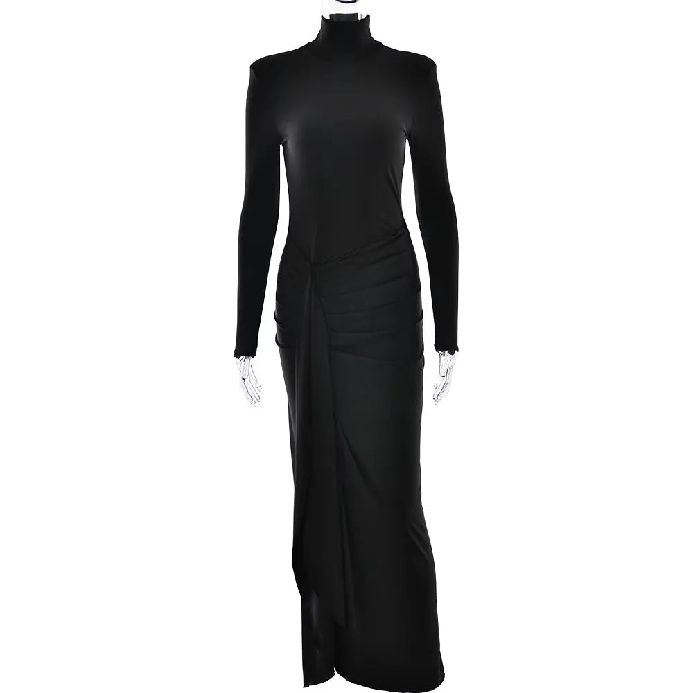 Elegant Women’s Long Sleeve Bodycon Maxi Dress – High Slit Turtleneck Evening Gown for Party, Formal & Winter Fashion