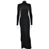 Elegant Women’s Long Sleeve Bodycon Maxi Dress – High Slit Turtleneck Evening Gown for Party, Formal & Winter Fashion